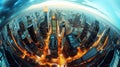 Futuristic Cityscape through fish eye lens. Generative ai Royalty Free Stock Photo