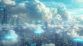 A futuristic cityscape with floating clouds depicting how cloud computing has revolutionized data management by Royalty Free Stock Photo