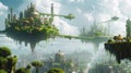 Futuristic Cityscape on Floating Green Islands. Futuristic cityscape sprawled across floating green islands under a