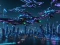 A futuristic cityscape with flying cars and neo, technology concept, wide blue.