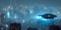 Futuristic Cityscape Flying Vehicle Over NeonLit Metropolis Royalty Free Stock Photo