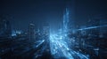 Futuristic cityscape with glowing blue lights and digital lines creating dynamic, high tech atmosphere at night Royalty Free Stock Photo