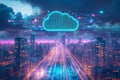 Futuristic cityscape with glowing cloud and data streams representing cloud computing Royalty Free Stock Photo