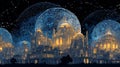 Futuristic cityscape with glowing domes, intricate architecture, and sparkling constellations Royalty Free Stock Photo