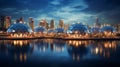 Futuristic cityscape with glowing domes at night