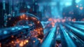 A futuristic cityscape with a glowing, digital tunnels