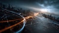 A futuristic cityscape with glowing lines representing data flow. Dark clouds loom over the skyline, creating a dramatic atmospher Royalty Free Stock Photo