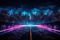 Futuristic cityscape with glowing neon lights. 3D Rendering, Neon color roadmap, street, dark background with goals, AI Generated