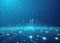 Futuristic cityscape with glowing network connections and digital circuit board design Royalty Free Stock Photo