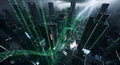 Futuristic Cityscape with Green Binary Code and Lightning Royalty Free Stock Photo