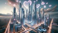 Futuristic cityscape with heart-shaped lights