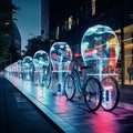 Futuristic cityscape with high-tech bicycles zooming through the streets