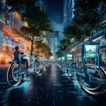 Futuristic cityscape with high-tech bicycles zooming through the streets