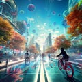 Futuristic cityscape with high-tech bicycles zooming through the streets