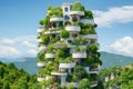 Futuristic cityscape highlighting eco-friendly buildings and tranquil green spaces