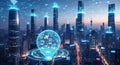 Futuristic cityscape with holographic IoT overlay, glowing network lines, circular data visualization, and smart devices Royalty Free Stock Photo