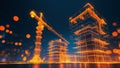 Futuristic cityscape illuminated by glowing orange construction cranes and buildings Royalty Free Stock Photo