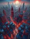 Futuristic cityscape illuminated by red light, Generative AI