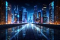 Futuristic Cityscape: Illuminated Skyscrapers & Neon Lights Royalty Free Stock Photo