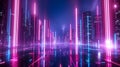 Futuristic cityscape illuminated by vibrant neon lights and reflections, evoking a cyberpunk aesthetic under a night sky