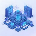 A futuristic cityscape with interconnected digital devices and data streams Royalty Free Stock Photo