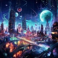 Futuristic Cityscape with Interconnected Satellite Antennas