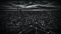 Futuristic cityscape with luminous network web overlay