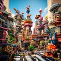 Futuristic cityscape made of colorful building blocks with DIY elements