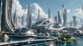 Futuristic cityscape with modern architecture and waterways