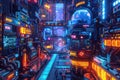 Futuristic Cityscape with Neon Lights and Digital Displays Royalty Free Stock Photo