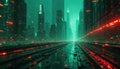 Futuristic cityscape with neon lights and digital elements. Tall buildings create a deep perspective with glowing lines and data Royalty Free Stock Photo