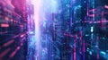 Futuristic cityscape with neon lights and digital grid elements. Sci-fi. AIG53.