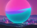 Futuristic cityscape with neon-lit giant sphere