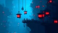 futuristic cyberpunk cityscape with glowing red lanterns hanging above a platform with silhouetted figures against a blue misty ba Royalty Free Stock Photo