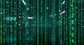 Digital Matrix Cityscape with Falling Green Binary Code Royalty Free Stock Photo