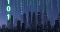 Digital Cityscape at Night with Falling Binary Code Royalty Free Stock Photo