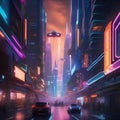 A futuristic cityscape at night, with neon lights and flying cars, showcasing a bustling metropolis of the future1