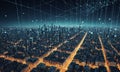 futuristic cityscape at night, with network glowing lines and dots representing data or information, and Royalty Free Stock Photo