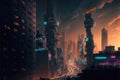 Futuristic cityscape in night time with neon light background Royalty Free Stock Photo