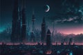 Futuristic cityscape in night time with neon light background Royalty Free Stock Photo