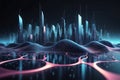 Futuristic Cityscape With Pulsating Dots And Flowing Waves, Technology Background, Cyber Background, Abstract 3d Waves