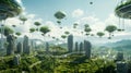 Futuristic cityscape with self sustaining farms floating in the air Royalty Free Stock Photo