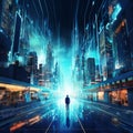 Futuristic cityscape showcasing the digital economy Royalty Free Stock Photo