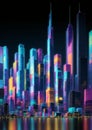 Futuristic cityscape - skyscrapers in colored holographic neon light with reflections, AI Generated