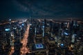A futuristic cityscape with sleek, reflective buildings and flying cars generated by Ai