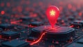 Futuristic cityscape tech location pin glows red. Modern city infrastructure shows glowing red pin. Advanced tech network layout