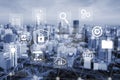 Futuristic cityscape with technology icons representing data security, artificial intelligence, cloud computing, and Royalty Free Stock Photo