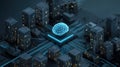 Digital Brain Microchip Cityscape With Glowing Artificial Intelligence Data Flow In Dark Blue And Black Tones Royalty Free Stock Photo