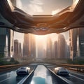 Futuristic cityscape with towering skyscrapers and flying cars Ideal for sci-fi book covers or futuristic-themed graphics3