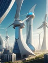 A futuristic cityscape of towering wind turbines and solar panels, their blades and panels spinning in harmony.